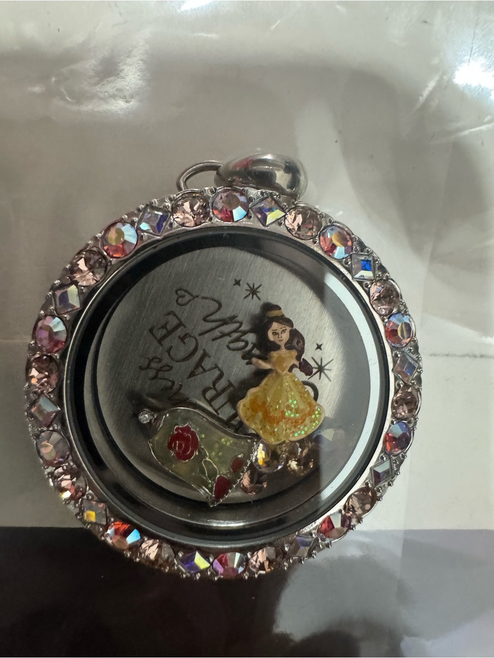 Órgami owl Disney Princess Locket Charm Necklace - Pink Rhinestones